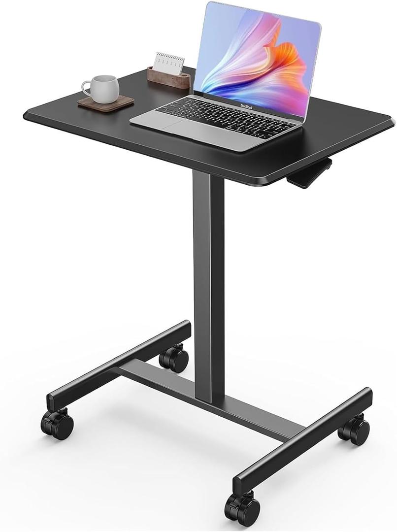 Sweetcrispy Mobile Small Standing Desk - Sit Stand Portable Rolling Laptop Desk with Lockable Wheels, Adjustable Height Computer Workstations, Modern Black (19"D x 25.7"W x 42.5"H)