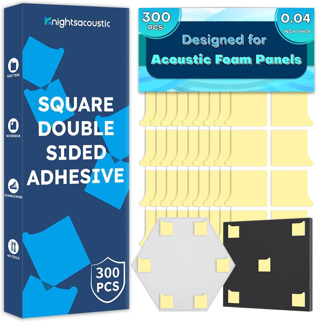 300 PCS Double-Sided Adhesive Tape for Acoustic Soundproofing Foam Panels, Heavy Duty Wall Panel Square Adhesive Pads, Pad Mounting Adhesive Double-Sided Tape Wall Sticky for Hanging