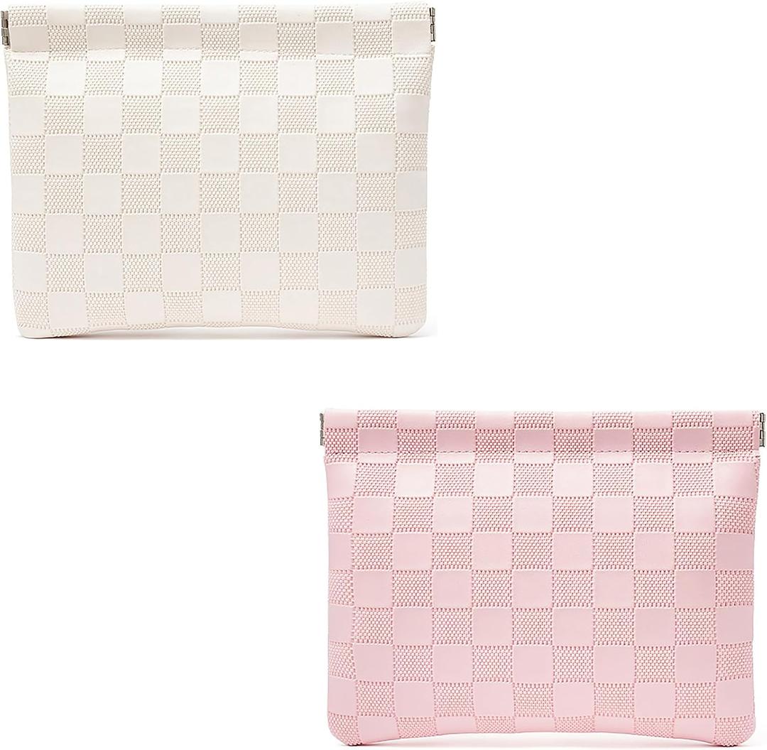 Leather Pocket Cosmetic Bag for Purse,Coin Purse Lipstick Cosmetic Accessories Organizer, Travel Kit Storage Pouch,Waterproof Portable No Zipper Self-Closing Small Makeup Pouch for Women (Pink+White)