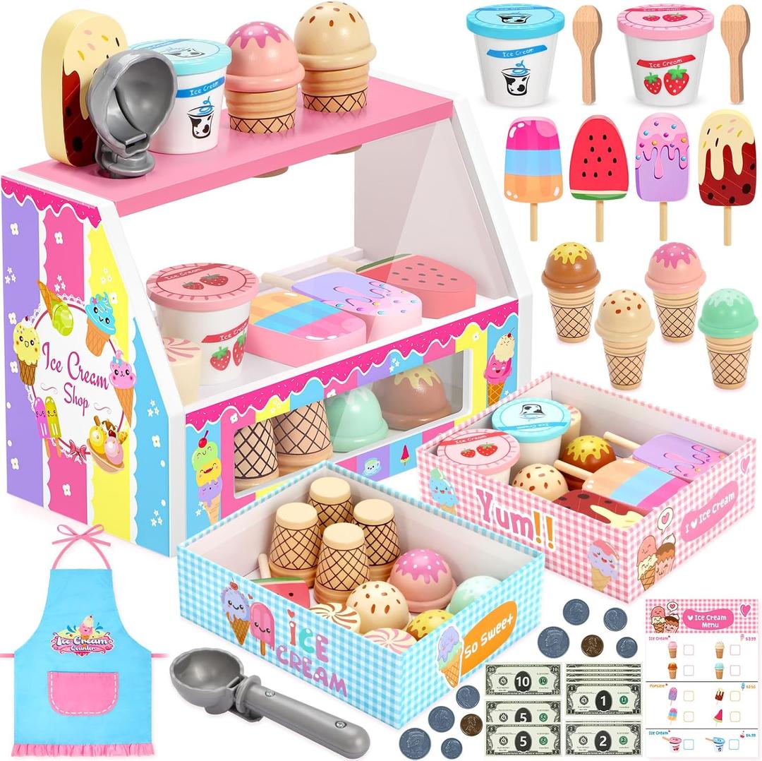 INNOCHEER Ice Cream Toy, Wooden Ice Cream Play Set, Pretend Play Kitchen Toys, Ice Cream Toys for Toddlers, Ice Cream Shop Playset Play Store, Gifts Toys for 3 4 5 6 7 8+ Year Old Girls Boys, child-size