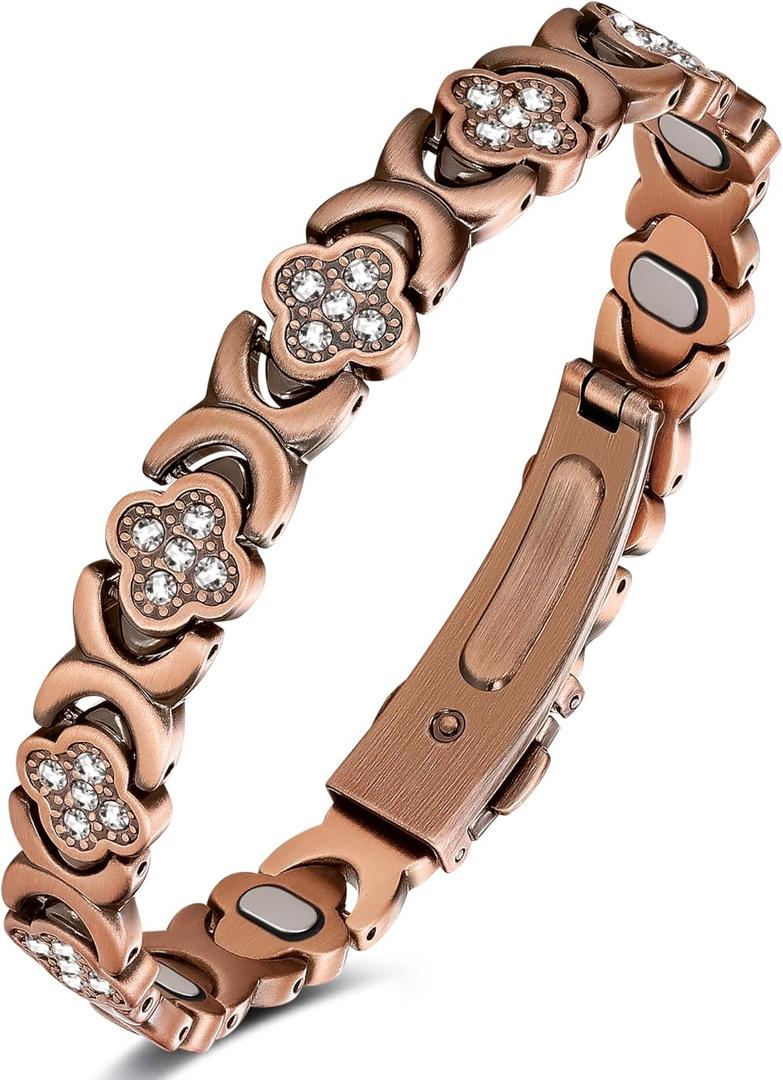 Feraco Pure Copper Bracelets for Women, Ultra Strength Magnetic Therapy Bracelet for Pain Relief with Neodymium Magnets & Sparkling Cubic Zirconia, Adjustable, Infinite Clover Jewelry (Copper 5X Strength - 5,000 Gauss)