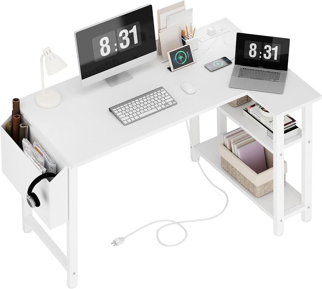 Lufeiya White L Shaped Computer Desk with Power Outlet Shelves, 40 Inch Small Reversible Corner Desk for Small Space Home Office, L-Shaped Desk PC Desks, White