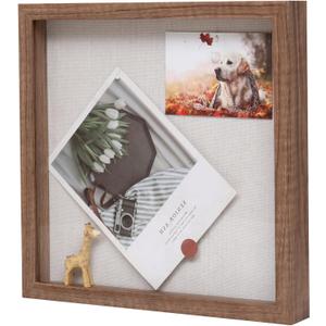Muzilife 8x8 Shadow Box Picture Frame with Linen Board - Deep Wood & Tempered Glass Display Case Ready to Hang Memorabilia, Pins, Awards, Medals, Wedding, Tickets, and Photos, Carbonized Small (Brown)