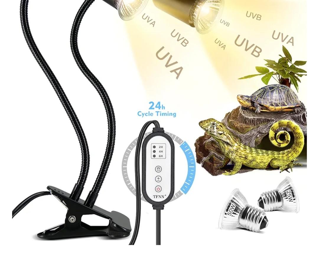 TFNN Reptile Heat Lamp, Double-Head Heat Lamp with Clamp, UVA UVB Reptile Light with Intelligent Cycle Timer for Turtle, Bearded Dragon, Lizard and More, 2 Bulbs 25W+50W
