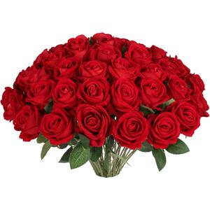 30 PCS Fake Red Roses, Artificial Flowers Bulk Realistic Silk Faux Red Rose with Stems for Wedding Decoration Anniversary Bridal Bouquet DIY Floral Arrangement Romantic Home Decor