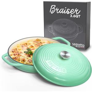 Segretto Cookware 3.6 QT Verde Chiaro (Light Green) Cast Iron Braiser Pan With Lid, Braiser Enameled Cast Iron Casserole Pan With Cover, Lasagna Pan Enamel Cast Iron Skillet with Lid Cookware