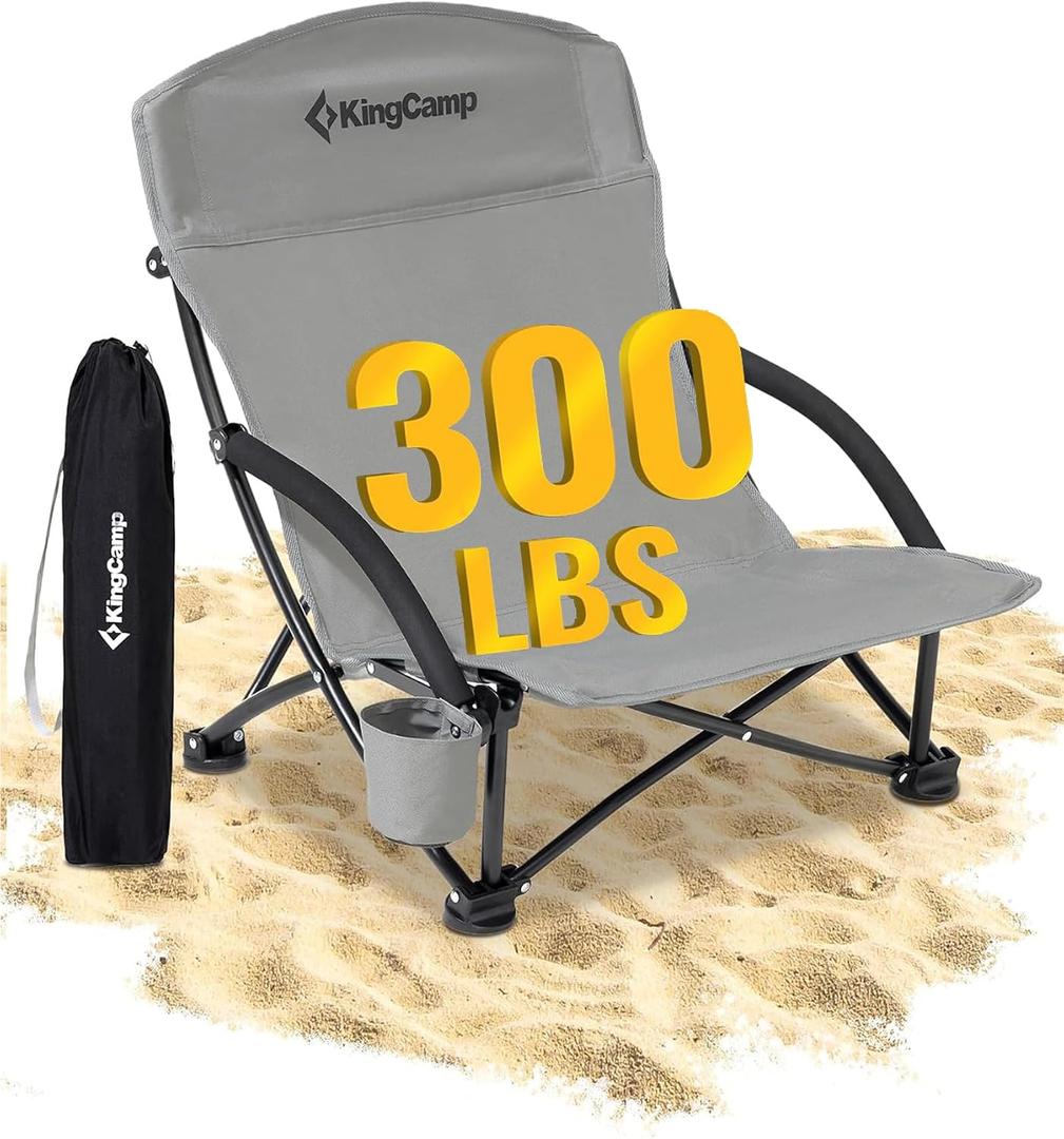 KingCamp Low Beach Chair, High Back Folding Camping Chair for Adults, Oversized Breathable Mesh Seat, 300lbs Heavy Duty Portable Chair with Cup Holder & Storage Pockets for Beach, Outdoor