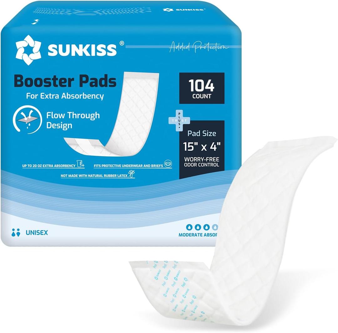 SUNKISS Trustplus Booster Pads 15" x 4", Extra Absorbency for Adult Incontinence Diapers/Underwears, Odor Control, 104 Count (4 Packs of 26)