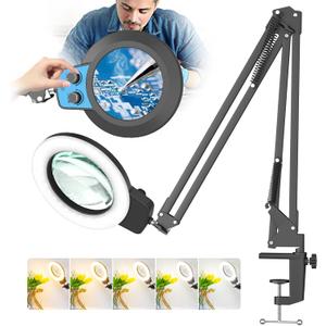 HITTI 12X Long Magnifying Glass with Light, 2026 Upgrade Infinite Color and Brightness LED Desk Lamp with Clamp, Hands Free Magnifier Light and Stand for Workbench Crafts Reading Painting - Blue