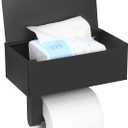 Toilet Paper Holder with Shelf, Wall Mount Wipes Dispenser & Storage for Bathroom, Keep Wet Wipes Hidden, Stainless Steel Bathroom Organizer Black Update Larger