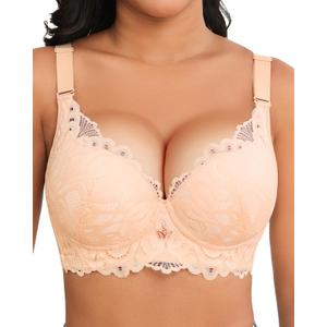 Push Up Lace Bra for Women Underwire Plus Size Comfortable Brassiere (34C, Beige)