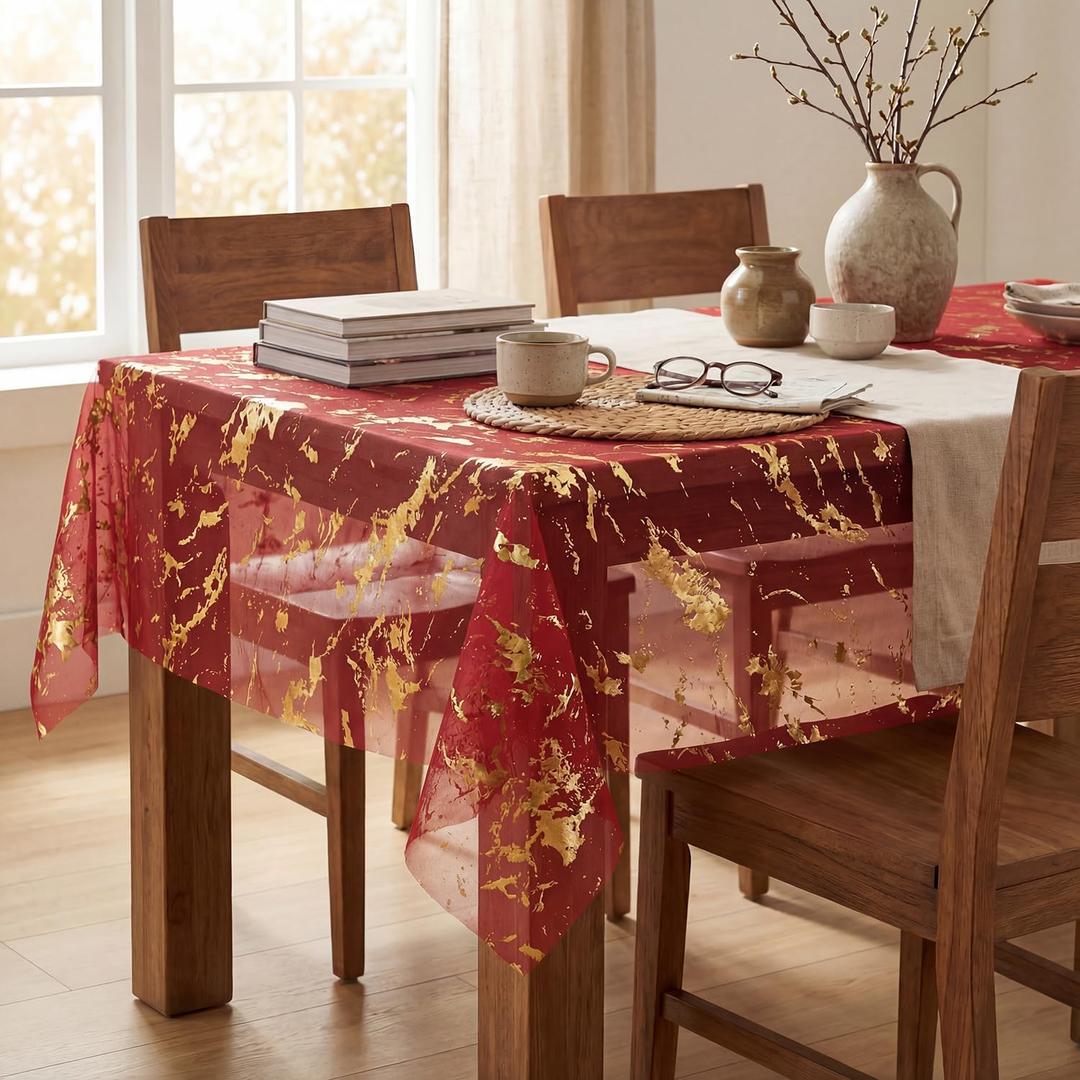 Horaldaily Red Gold Gauze Tablecloth 60x84 Inch Rectangular, Golden Marble Glitter Metallic Foil Thin Mesh Table Cover, Sheer Chiffon Tulle Cheesecloth for Wedding Baby Shower Party