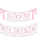 God Bless Banner Pink Bow Baptism Banner Cross Banners Double Layers Pink Baptism Decorations for First Communion Confirmation Decorations Baby Girl Shower Decoration