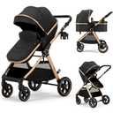 2 in 1 Baby Stroller, Convertible Bassinet Pushchair for Infants and Newborns 0-36 Months (Gold)