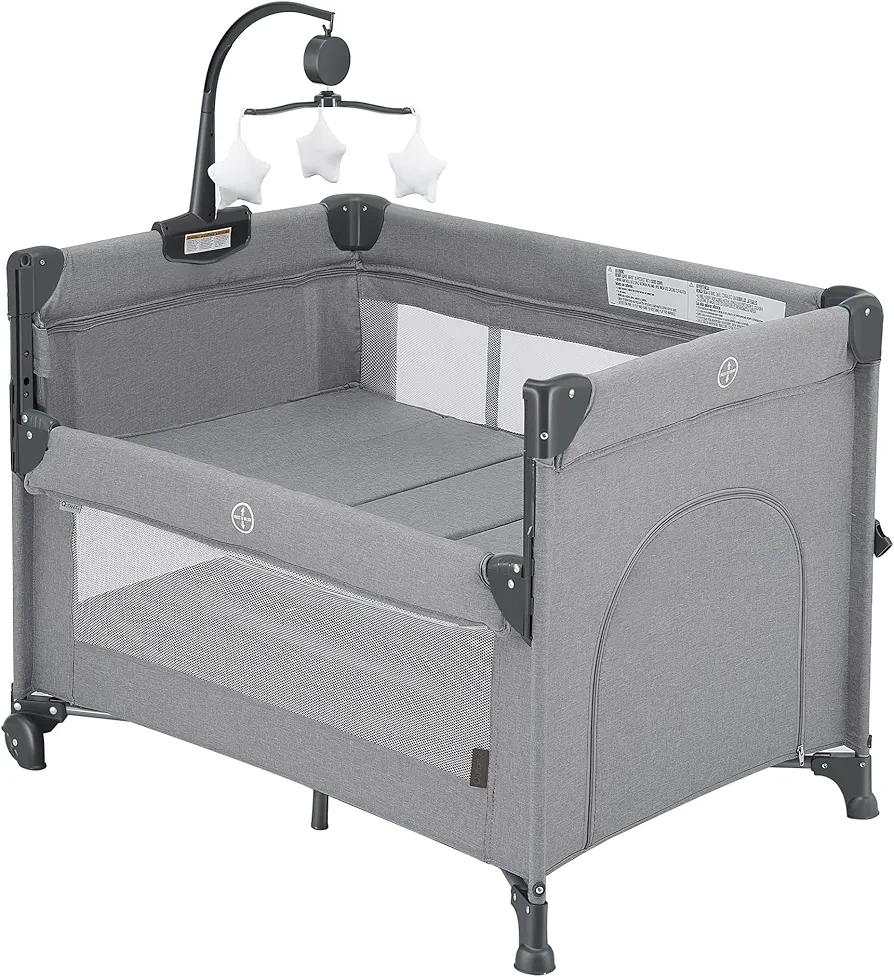2-in-1 Baby Playard, Pack and Play Bassinet, Easy Folding Portable Crib with Music Mobile for Newborn to Toddlers (Grey)