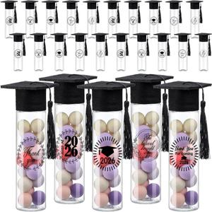 Teenyyou 25 Pcs Graduation Candy Tubes 2026 Graduation Party Favors Candy Boxes Plastic Grad Cap Jars Container with Tassels and Stickers for DIY Grad Table Party Favors (Black)