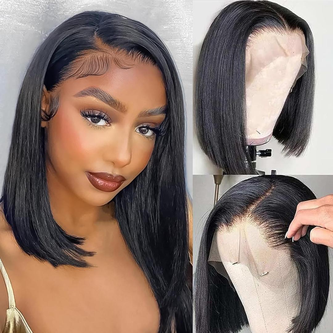 12 inch Straight Bob Wig Human Hair 13x4 HD Frontal Lace Wig 150% Density Short Bob Wigs for Women Glueless Bob Lace Front Wigs Human Hair Pre Plucked Natural Black Color