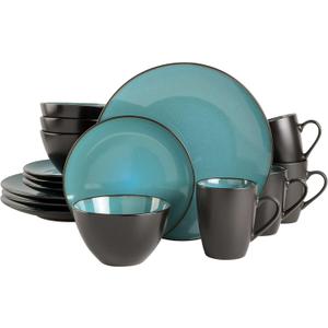 Gibson Elite Soho Lounge 16-Piece Round Reactive Glaze Stoneware Dinnerware Set, Service for 4 Teal Plates and Bowls