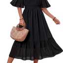 Women's Summer Boho Off Shoulder Midi Dress Ruffle Sleeve Smocked Elastic Waist Flowy Dresses (Black, S)