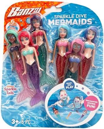 BANZAI 6 Piece Sparkle Mermaid Dive Toys - Glittery Sparkle Tails - 6 Pack