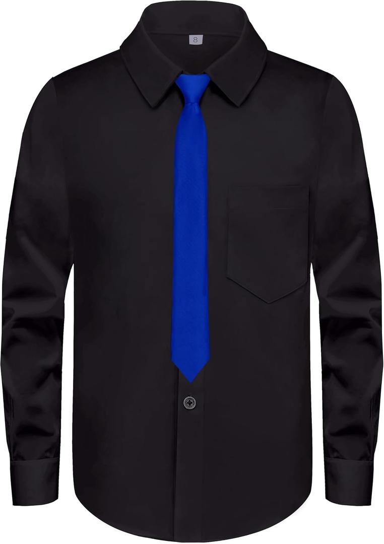 Boys Long Sleeve Button-Down Dress Shirts with Tie: 2 Fabrics (Stretch/Standard) & 2 Fits (Regular/Husky) (14, Black)