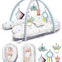 Baby Play Mat, 7-in-1 Infant Gym Mat for Sensory and Motor Development, Washable & Portable Newborn Tummy Time Activity Mat for Home & Travel, Babies Gift for 0-3-6-9-12-18 Months (Blue)