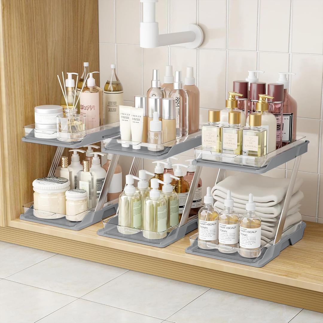 3 Pack Bathroom Organizers and Storage - Multi-Purpose,2-Tier Clear Pull Out Organization for Bathroom,Under Sink,Kitchen,Vanity,Countertop,Cabinet,Pantry & Medicine Cabinet,Grey (Gray)