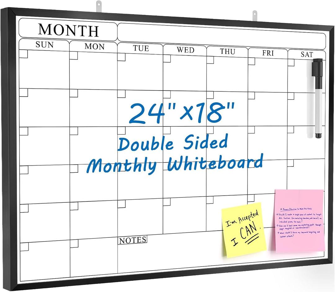 MaxGear Dry Erase Calendar Board 24" x 18" Magnetic Monthly Double-Sided Calendar Whiteboard with Black Aluminum Frame for Wall, Classroom, and Office Use