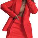 Womens 2 Piece Notched Long Sleeve Blazer and Skirt Set Office Button Suit Jacket&Skirt Outfit Set, Size 4, Red