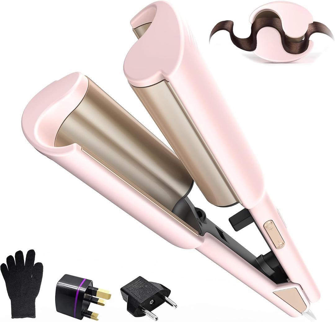 Curling Iron Hair Crimper Waver, Beach Waves Curling Wand, Waver Hair Tool, Double Voltage, Easy to Use, Pink, 1.25 Inch