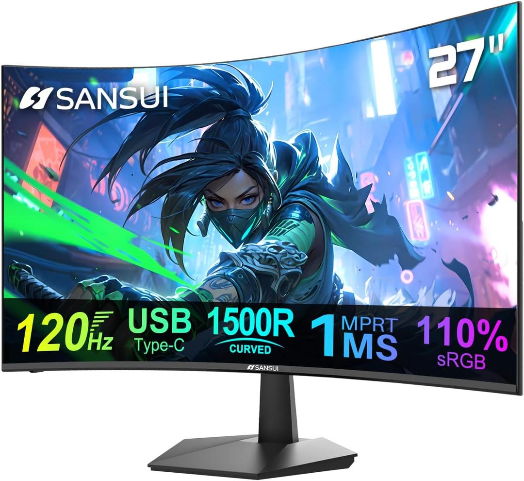 SANSUI Curved Monitor 27 inch 120Hz USB Type-C Computer Monitor with Speakers Built in丨FHD 1080p丨HDR丨110% sRGB丨1500R丨VESA Compatible, for Tablet, Desktop, Laptop and PC Work Gaming