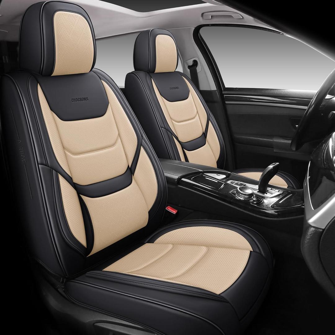 Full Coverage Front Set Seat Covers with Waterproof Leather,Lumber Support and Airbag Compatible,Universal Fit for Most SUVs, Trucks,and Sedans in Automotive Seat Covers (Black and Beige) Full Coverage Front Set Seat Covers with Waterproof Leather,Lumber Support and Airbag Compatible,Universal Fit for Most SUVs, Trucks,and Sedans in Automotive Seat Covers (Black and Beige)