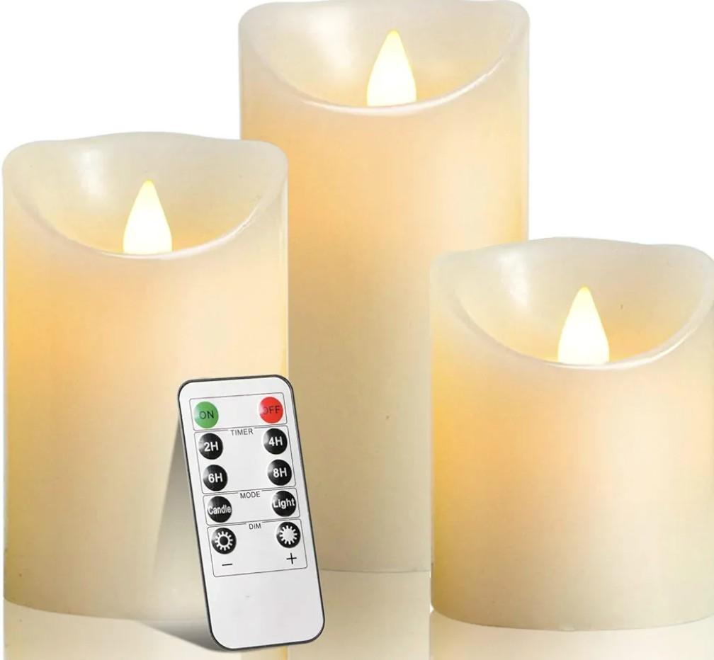 Biyanuo LED candles, flameless candles, flameless candle lights, 10.2 cm, 12.7 cm, 15.2 cm, real wax candle, pillar candle, 10-button remote control, with 24-hour timer