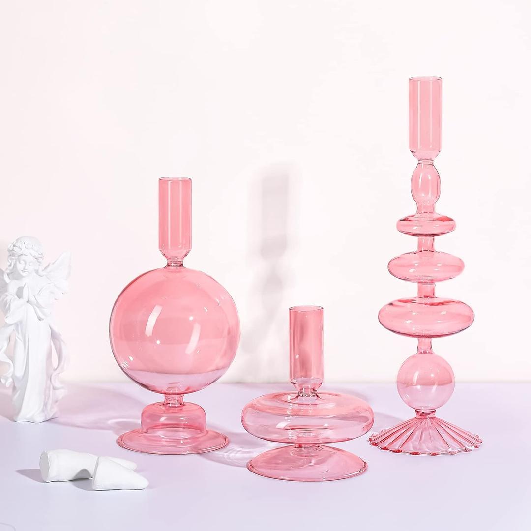 Rtteri 3 Pcs Glass Candlestick Holders Glass Candle Holders Groovy Wavy Elegant Taper Candle Stick for Wedding Home Birthday Party Easter St Patricks Day Decoration Windowsill Decor(Pink)