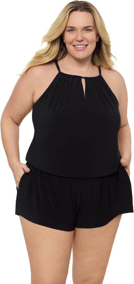 Aqua Green Women's Standard Keyhole Blouson Romper (X-Large, Black)