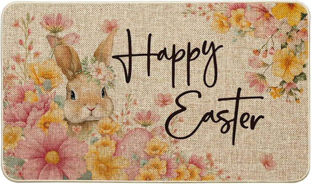 Artoid Mode Rabbit Bunny Happy Flowers Happy Easter Doormat, Home Decor Low-Profile Switch Rug Door Mat Floor Mat for Indoor Outdoor 17x29 Inch