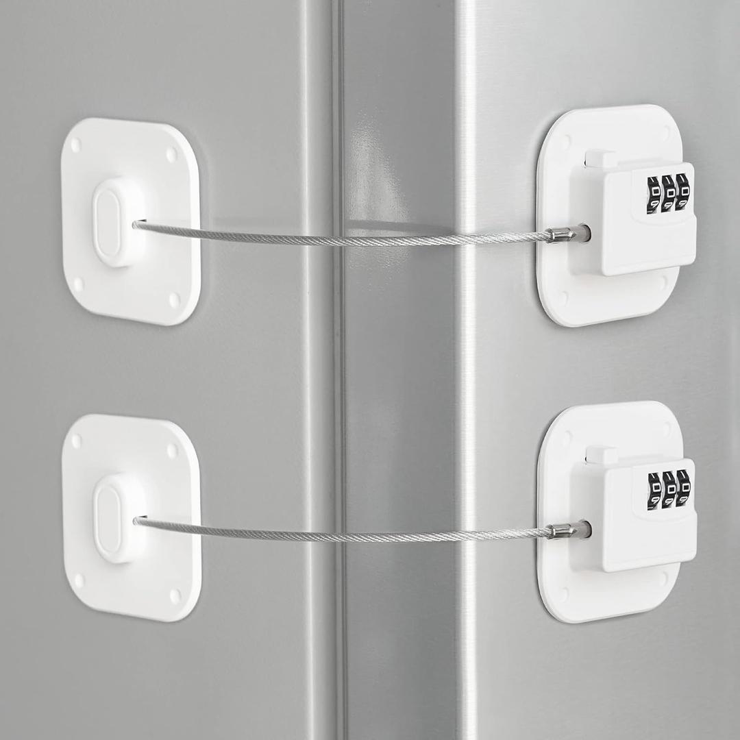 Refrigerator Lock, Heavy Duty Fridge Lock, Combination Lock for Refrigerator Cabinets, Drawers, Safety, Easy Install No Keys Needed (White-2Pack)