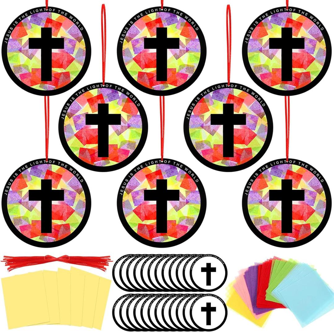 Motipuns 32 Sets Christian Cross Ornaments Craft Kit, VBS Religious DIY Cross Suncatchers Stained Glass Effect with Tissue Paper Window Art for Sunday School Church Decor