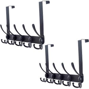 SKOLOO Over The Door Hook - for Doors up to 1-3/4'' Thickness, Pack of 2, Metal Door Hanger with 5 Triple Hooks, Black Over The Door Hanger for Coats, Hats,Towels, Assembly Required