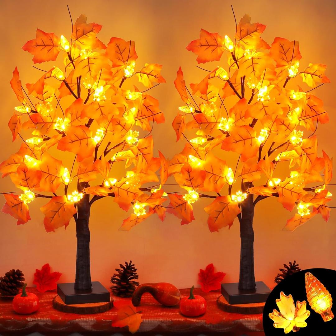 2 Pack 24 Inch Artificial Lighted Fall Maple Tree Thanksgiving Decorations with 48 LEDs Battery Operated Timer Prelit Acorn Maple Tree Lights for Thanksgiving Table Decor Home Indoor Autumn Harvest