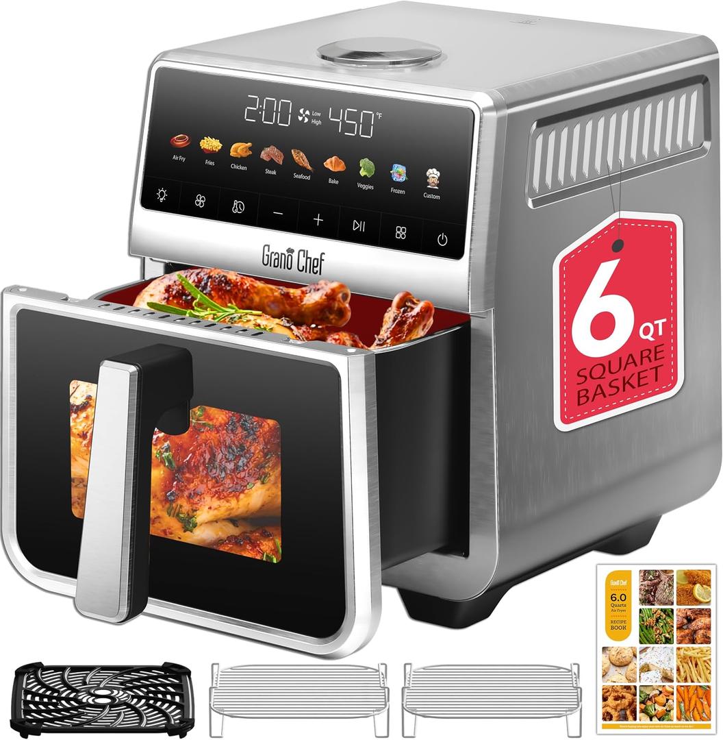 Stainless Steel Air Fryer 6 Qt, Ceramic glaze Air Fryer, Stainless Steel Housing& Full Metal Inner Pot, PTFE and PFAS Free, 9 Digital One-Touch Cook Functions,120F~450F, 1700W