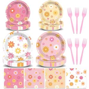 96Pcs Groovy Birthday Party Supplies Spring Hippie Daisy Flower Paper Plates Napkins Retro Boho Dessert Tableware Set Hippie Favor Dinnerware for Baby Shower 60's70's Birthday Party Decoration Serve24