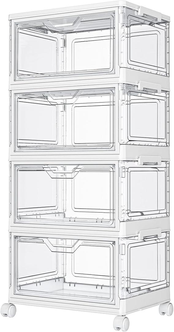 Kmiectse Clear Storage Bins with Lids - 4 Tier Plastic Bins with Wheels, Stackable Storage Bin, Closet Organizers Box for Bedroom, Living Room, 23 QT Folding Box with Magnetic door (White)