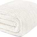 Exclusivo Mezcla Fleece Bed Blanket Queen Size, Lightweight Jacquard for Spring Summer, Soft Cozy Breathable Blankets, Ivory, 90x90 Inches