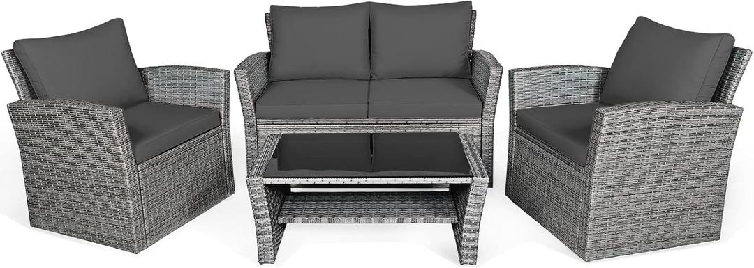 4 Pieces Patio Rattan Furniture Set, Outdoor Wicker Sofa Set with Tempered Glass Coffee Table, Cushions, All Weather Rattan Conversation Set for Yard Balcony Backyard Pool (Grey)