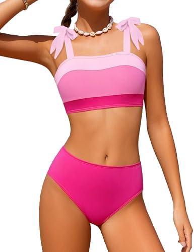 KANGKANG Girls Swimsuit Solid Color Block Adjustable Straps Teen Girl Bikini Set Kids Bathing Suits for Girls, Size 11-12 Years