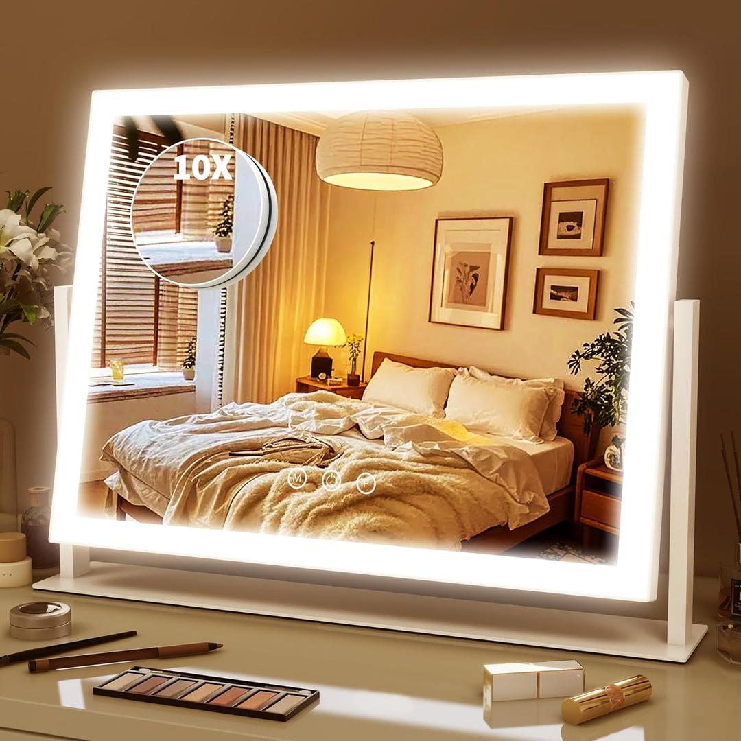 ROLOVE Lighted Makeup Mirror 16.3"x12.6", Hollywood Vanity Mirror with 10X Magnifier, 3 Color LED Lighting Modes, Smart Touch Control & 360 Rotation, Tabletop Makeup Mirror (White, Gift Ready)