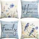 AVOIN colorlife Spring Saying Flowers Butterfly Bird Throw Pillow Covers, 18 x 18 Inch Home Sweet Home Blue Cushion Case for Sofa Couch Set of 4