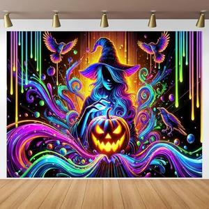 BlissYard Halloween Blacklight Tapestry 78x59 Inch Witch Pumpkin UV Reactive Wall Hanging Spooky Scene Glow in Dark Backdrop October Festive Luminous Blacklight Tapestry Party Decor