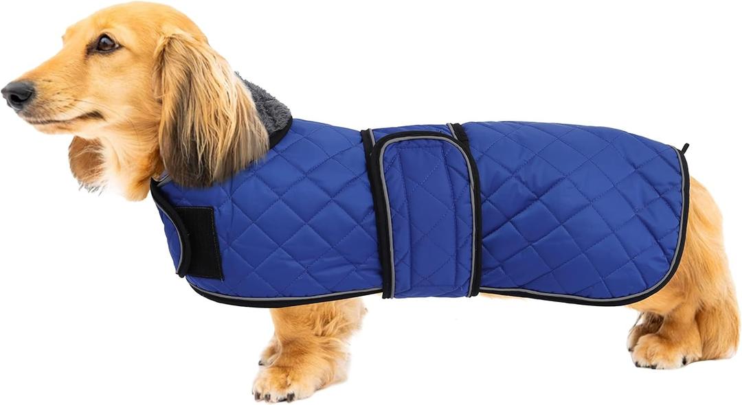 Warm Thermal Quilted Dachshund Coat, Dog Winter Coat with Warm Fleece Lining, Outdoor Dog Apparel with Adjustable Bands for Dog-Blue-M